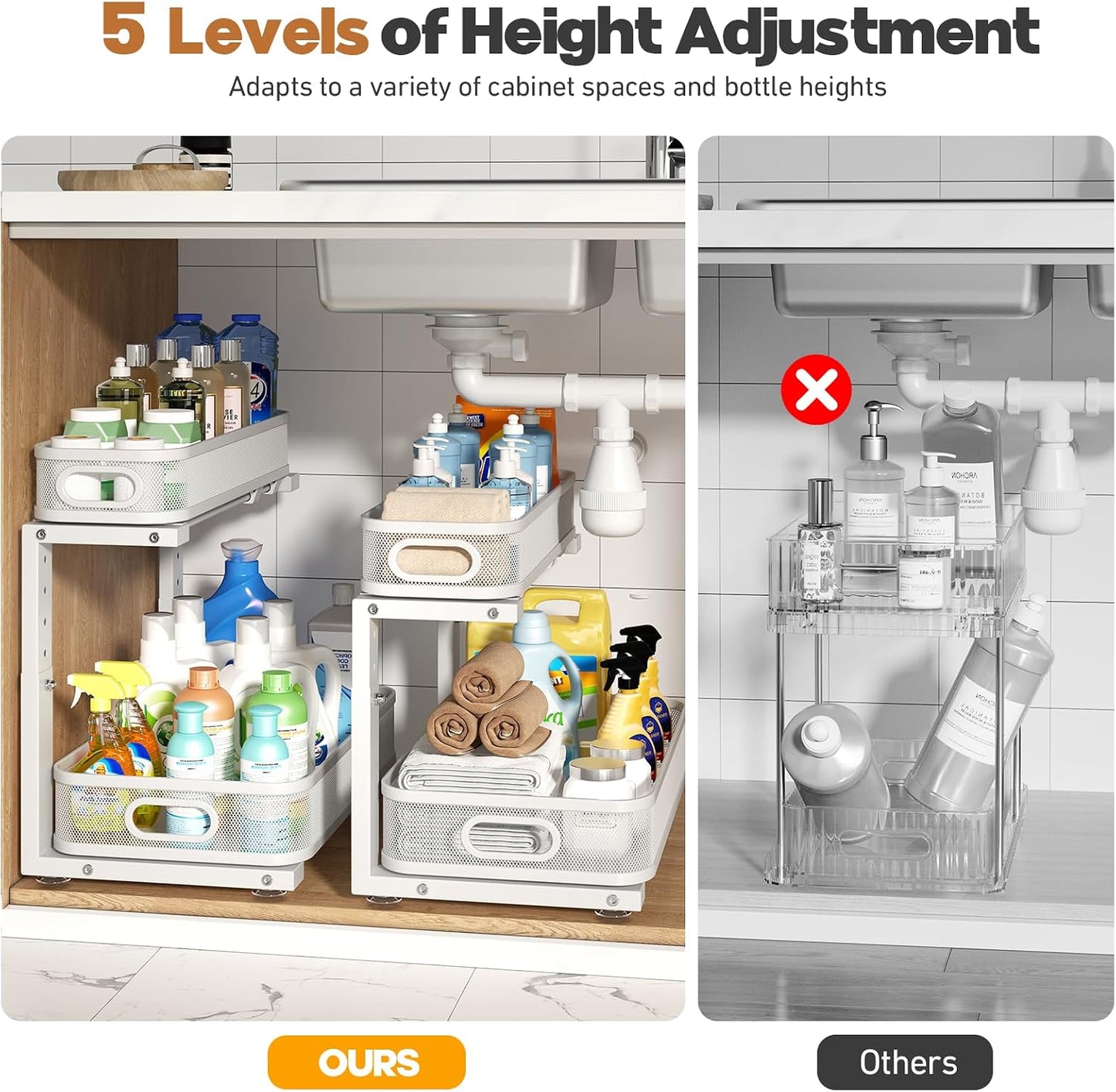 2 Pack Under Sink Organizer With Smooth Cylindrical Rail,2-Tier Pull Out Multi-Purpose Cabinet Storage for Bathroom&Kitchen,Height Adjustable,Rust-resistant Coating-White