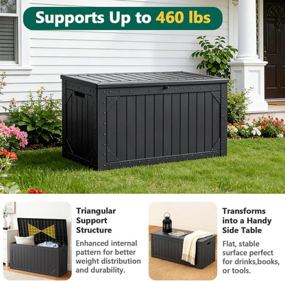 Outdoor Storage Box, 98 Gallon Deck Box, Outdoor Storage Bench, Waterproof Resin Storage Bench with Lockable Lid, Patio Furniture Cushions & Garden Tools Storage, UV Resistant (Black)