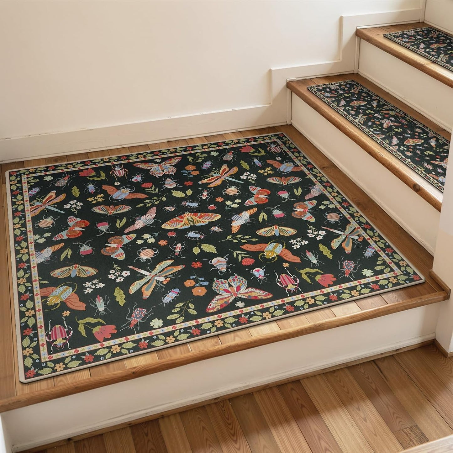 OJIA Insect Print Stair Treads Non Slip Stair Runners for Wooden Steps Indoor, 15PCS 8"x30" Rubber Backing Carpet Treads for Wood Stairs Staircase Step Treads for Kids & Dogs, Stair Covers, Black