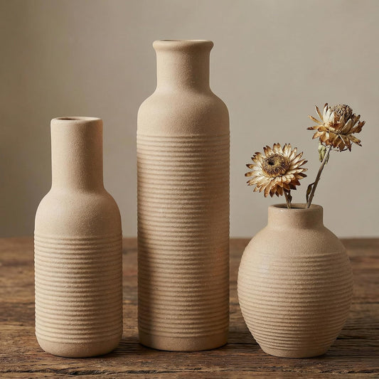 Rustic Farmhouse Vase Set of 3 - Ceramic Decorative Vintage Vases Home Decor - Pampas Grass Dried Fresh Flowers - for Centerpiece, Coffee Table, Mantel Entryway, Living Room, Bedroom (Retro 2)