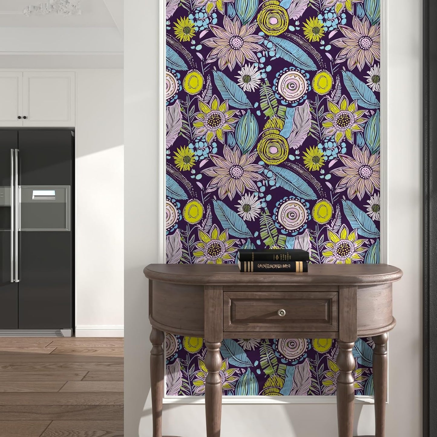 Blue Wallpaper Peel and Stick,Vintage Boho Floral Contact Paper 17.5" x 118", Retro Botanical Flower Wall Paper Self Adhesive Removable Waterproof for Walls Shelves Cabinet Table (Blue,Yellow, Green)