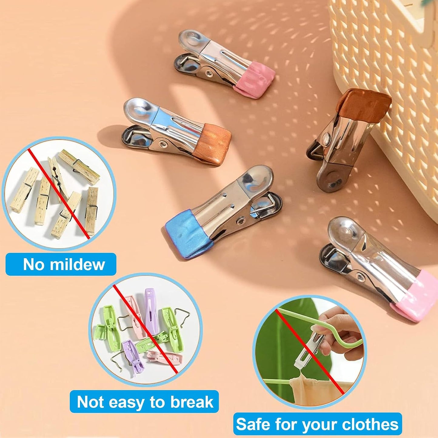 Clothes Hangers Heavy Duty 15Pack, 2.17 Inch Metal Clips, Clothespins for Photo Drying Clothesline Laundry Sock, Bag Clips for Food Kitchen Stainless Steel with Rubber, Blue