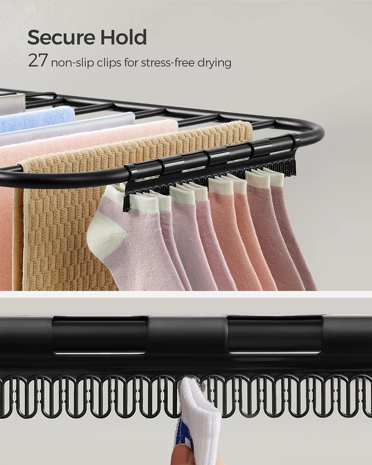 SONGMICS Clothes Drying Rack, with Sock Clips, Metal Laundry Rack, Foldable, Space-Saving, Free-Standing Airer, with 2 Height-Adjustable Gullwings, Indoor Outdoor Use, Gray ULLR052G01