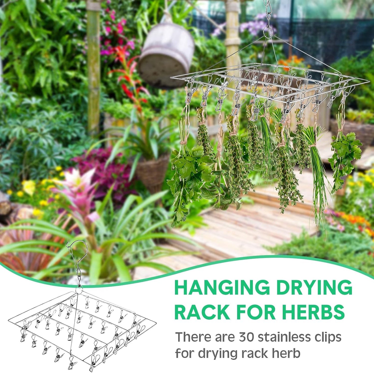 Bokon 4 Pcs Hanging Drying Rack for Herb Macrame Flower with Stainless Clip Dryer Hook for Drying Herb Air Plants Spices Flower Hydroponic Plant Ready to Use with Ceiling Hook(Round)