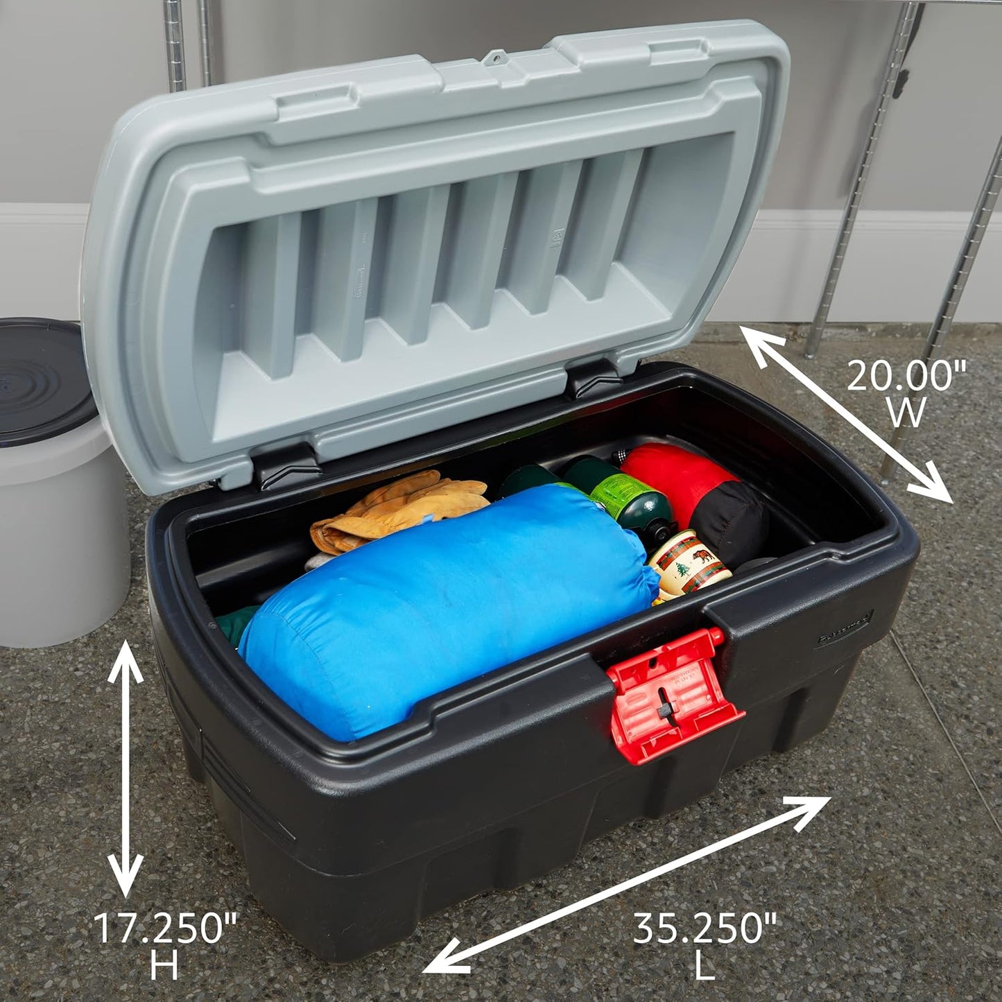Rubbermaid ActionPacker 35 Gallon, Made in USA, Lockable Plastic Storage Bin with Lid and Wheels- Outdoor, Industrial, Rugged, Camping Gear and Truck Bed Storage - Gray and Black