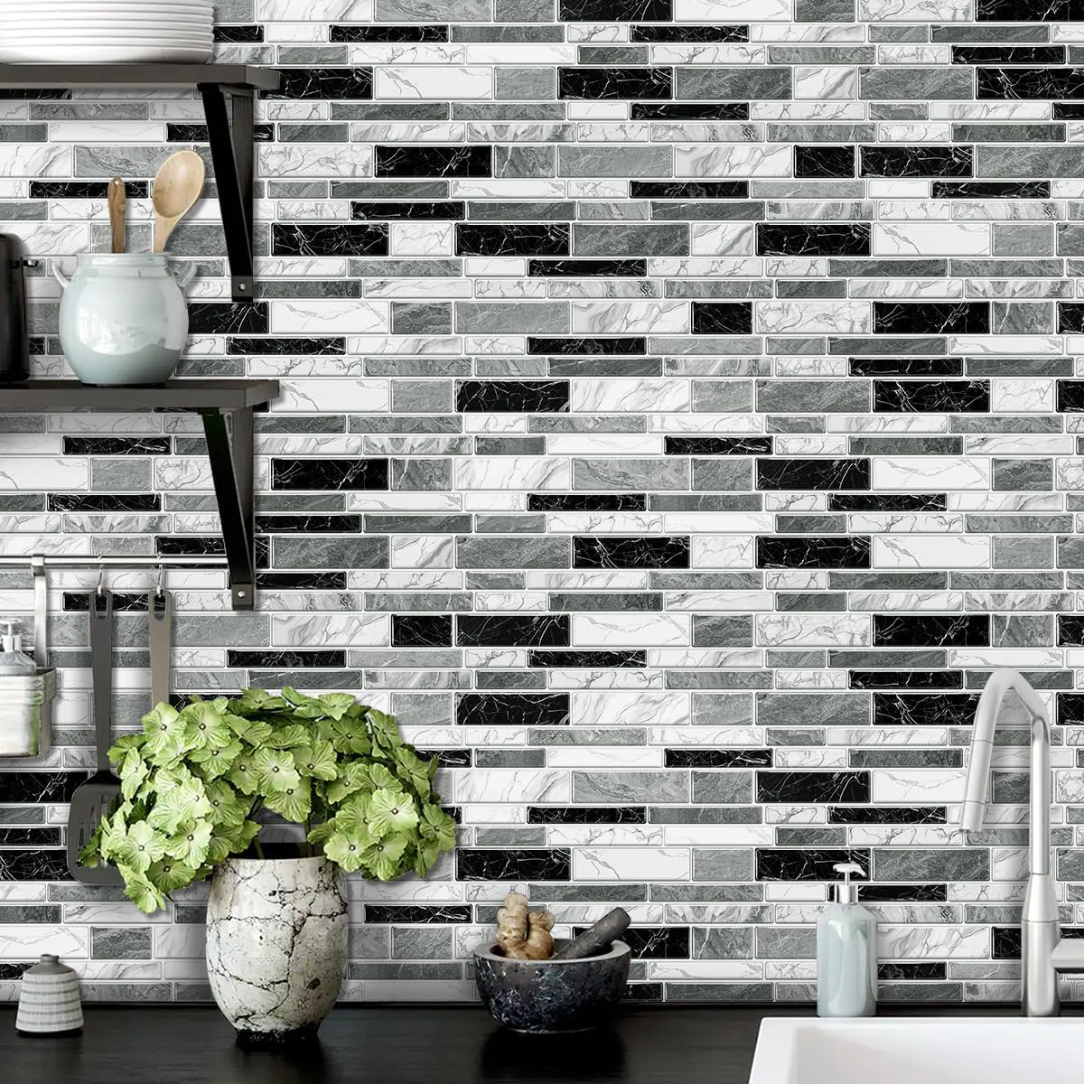 36 Sheets of Self Adhesive Marble Tile Wall Tiles Vinyl Sticker | 9.68 x 4.72in Water Resistant, Easy to Stick and Peel off, Suitable for DIY Decoration on Ceilings and Walls (Black)