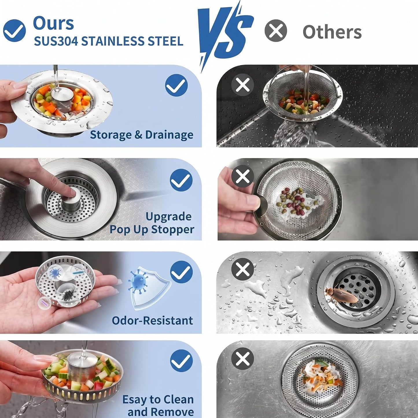 3-in-1 Kitchen Sink Drain Strainer - Pop Up Sink Stopper, Stainless Steel Sink Drain Strainer, Kitchen Sink Stopper & Drain Plug with Anti-Clogging Basket,Sink Strainer Fits US Standard 3-1/2'' Drains