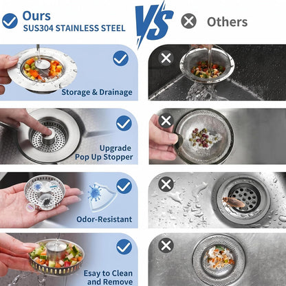 3-in-1 Kitchen Sink Drain Strainer - Pop Up Sink Stopper, Stainless Steel Sink Drain Strainer, Kitchen Sink Stopper & Drain Plug with Anti-Clogging Basket,Sink Strainer Fits US Standard 3-1/2'' Drains