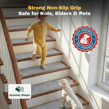 MBIGM 8" X 30" (15 in Pack) Non-Slip Carpet Stair Treads Non-Skid Safety Rug Slip Resistant Indoor Runner for Kids Elders & Pets with Reusable Adhesive - Dark Gray Diamond Weave