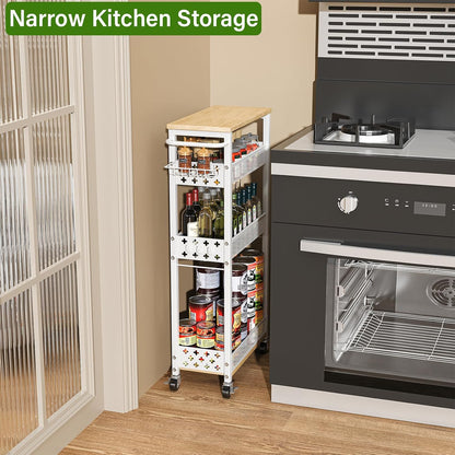 Utility Slim Storage Cart for Home Laundry Room, Bathroom, Kitchen | 4-Tier narrow rolling cart for small space, Holds tall bottles, Upgraded metal hub casters, Premium wood & metal mesh shelves