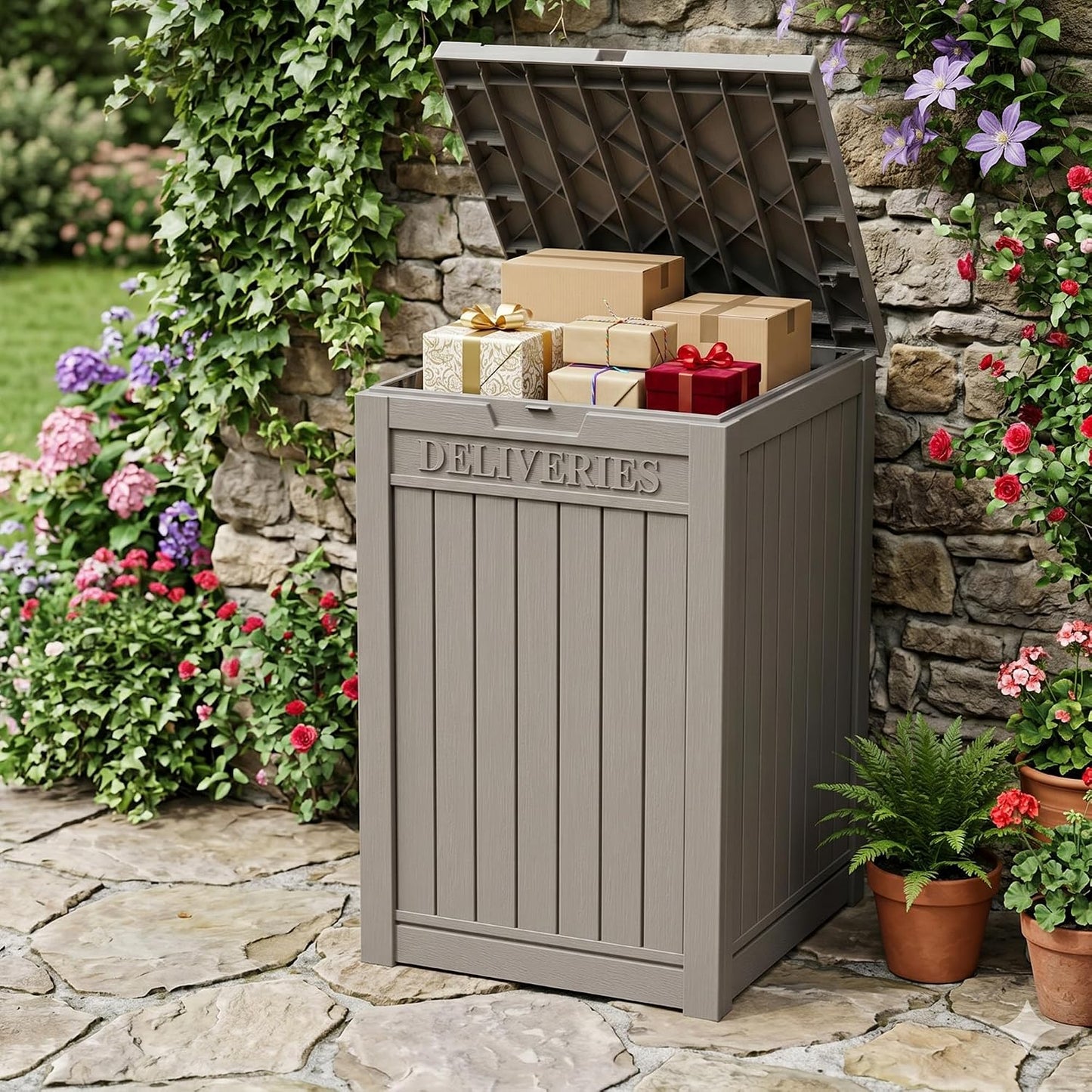 Outdoor Storage Box, 90 Gallon Package Delivery Boxes for Outside, with Lockable Secure, Deck Box Outdoor Waterproof for Entryway, Front Porch, Backyard, Garden, Patio, Lawn, Black
