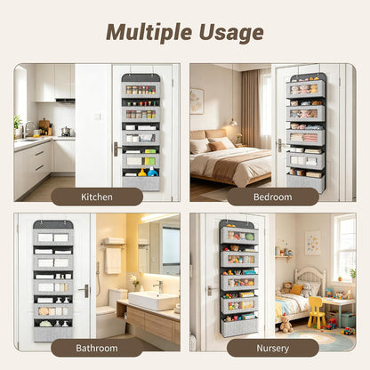 Narrow Over The Door Organizer, 5 Large Pockets Fabric Storage, 12" Wide | With Metal Hooks, Clear Window for quick view, 11.8" Slim design, Back of Door Hanging for Clothes Pantry Dorm Bedroom