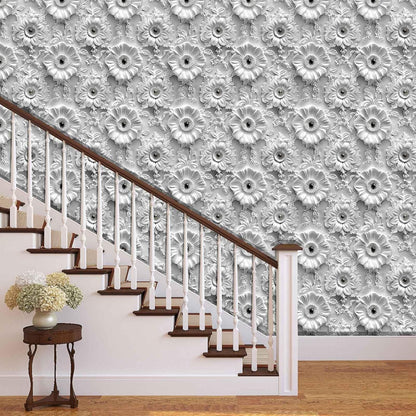 Grey White Floral Peel and Stick Wallpaper Modern Removable Self Adhesive Vinyl Contact Wall Paper with Printed 3D Visual Effect Flowers for Bedroom Bathroom Living Room 17.7" X 70.8"