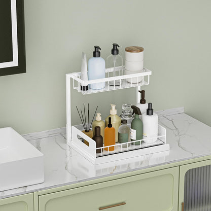 Under Kitchen Sink Organizer 2 Tier, Pull Out Bathroom Sink Organizers and Storage, Cabinet Kitchen Bathroom Storage Organization Shelf, 2 Pack White