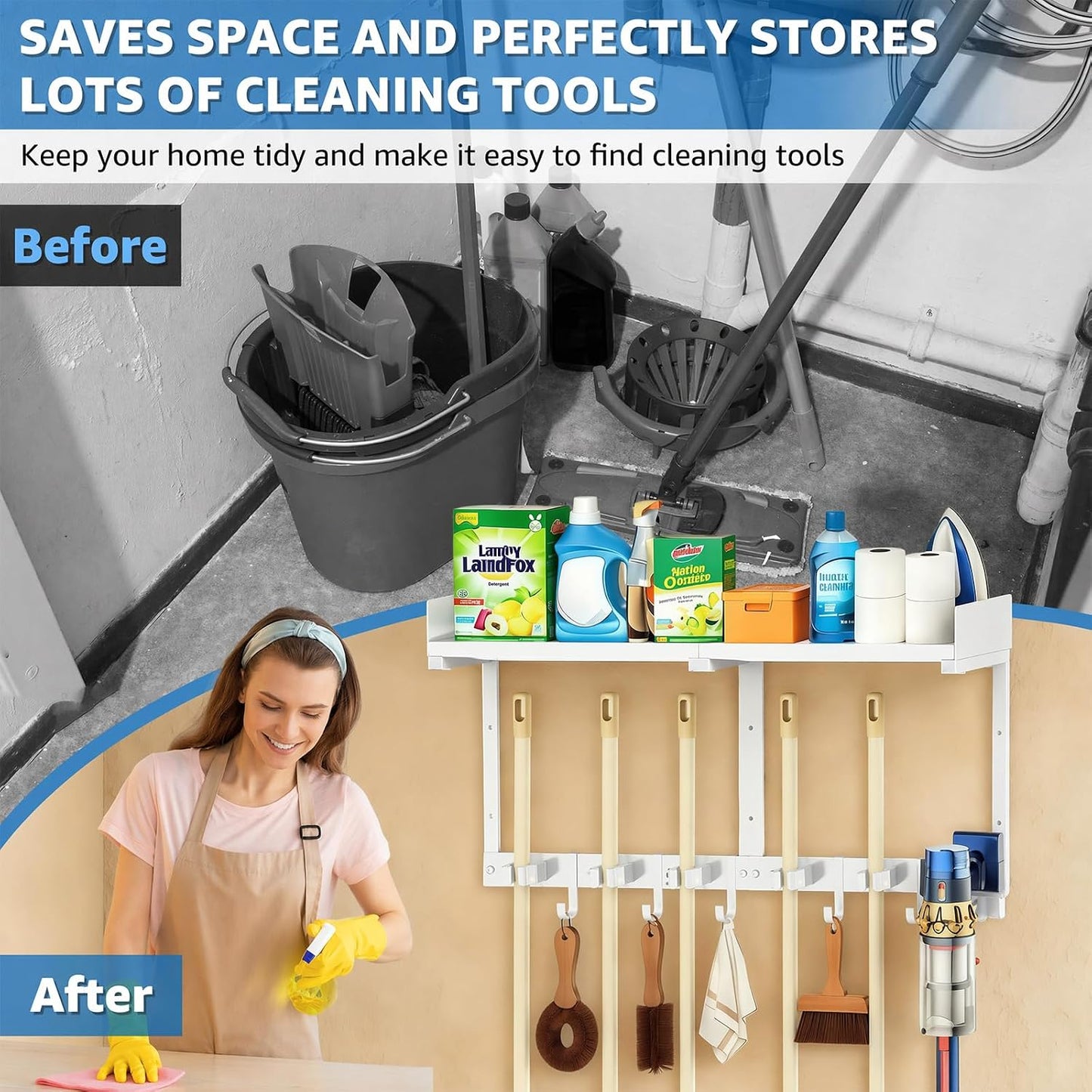 HUFAND Broom Holder Wall Mount, 27" Large Mop and Broom Organizer Wall Hanging with Top Storage Shelf & Vacuum Hook, Heavy Duty Iron Utility Rack for Laundry Room, Garage, Kitchen, Garden - Black