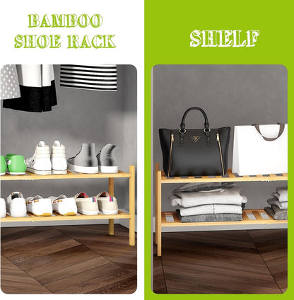 BMOSU 2-Tier Bamboo Small Shoe Rack Premium Stackable Shoe Shelf Storage Organizer for Hallway Closet Living Room Entryway Organizer (Black Bamboo)