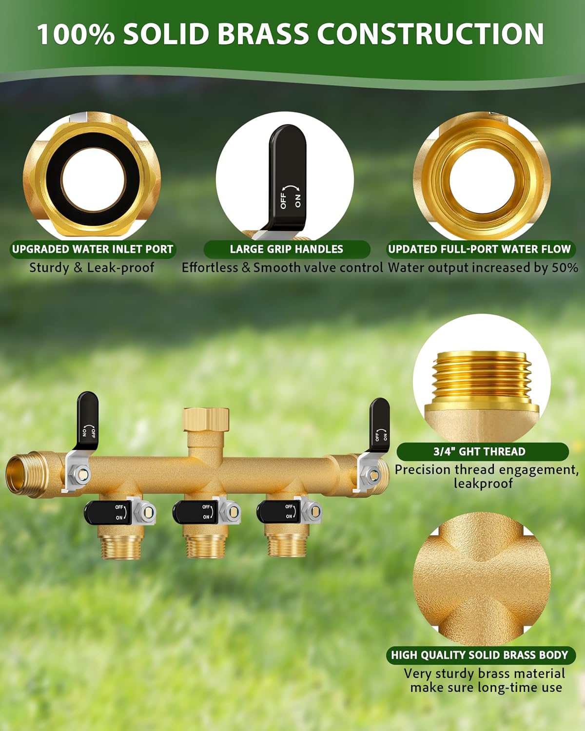 Hose Splitter 2 Way, Heavy Duty Brass Garden Hose Splitter, Water Hose Bib Spigot Splitter with 0.59" Full Flow Ball Valve Outlet & Shut-Off Valve 3/4'' Connector Outdoor Water Faucet Adapter