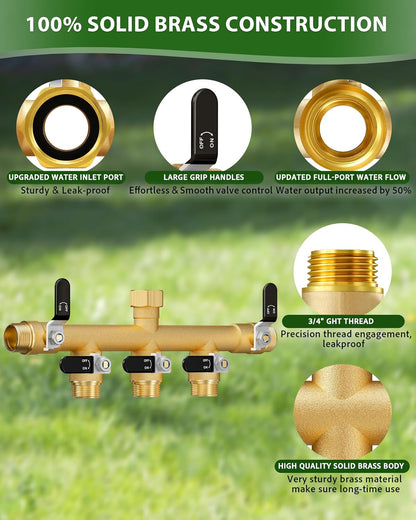 Hose Splitter 2 Way, Heavy Duty Brass Garden Hose Splitter, Water Hose Bib Spigot Splitter with 0.59" Full Flow Ball Valve Outlet & Shut-Off Valve 3/4'' Connector Outdoor Water Faucet Adapter