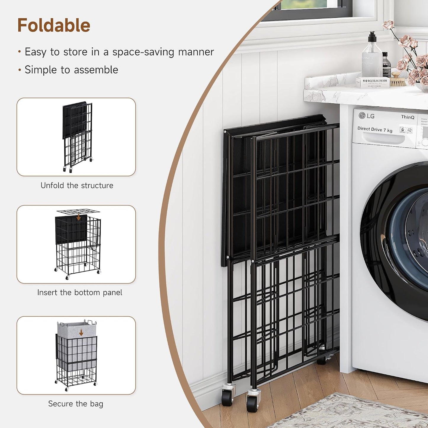Laundry Basket with Wheels, Heavy Duty Laundry Sorter 2 Sections, 120L (32Gal.) Large Capacity Laundry Hamper with Wood Lid, 360 Rolling Wheels, Extra Side Pocket, Leather Pull Handle, Beige