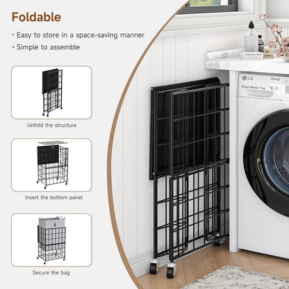 Laundry Basket with Wheels, Heavy Duty Laundry Sorter 2 Sections, 120L (32Gal.) Large Capacity Laundry Hamper with Wood Lid, 360 Rolling Wheels, Extra Side Pocket, Leather Pull Handle, Beige