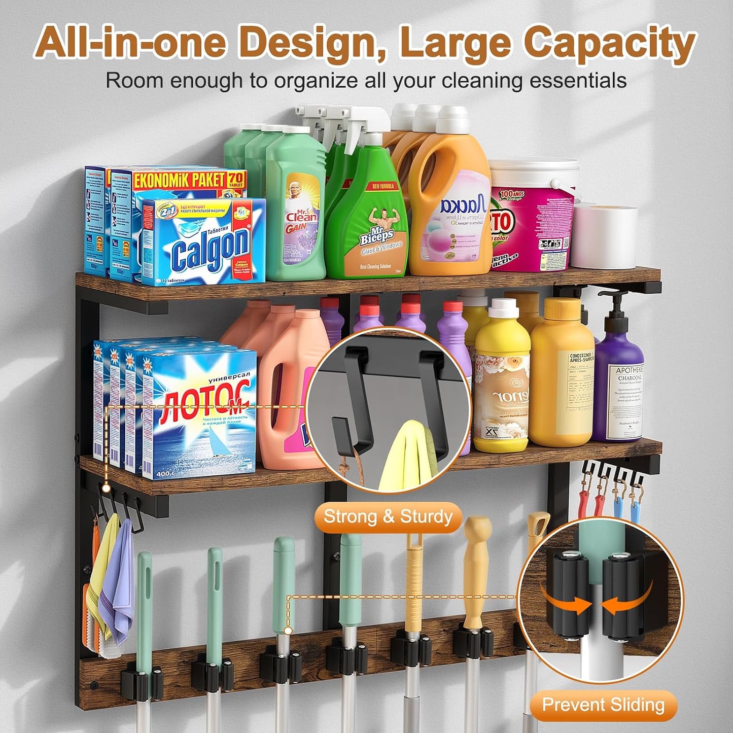 Housolution Broom Holder Wall Mount with Cleaning Supplies Organizer, 100 LBS High Load-Bearing Laundry Room Storage Shelves, Multifunctional Mop Hanger Rack with 7 Grippers & 8 Hooks