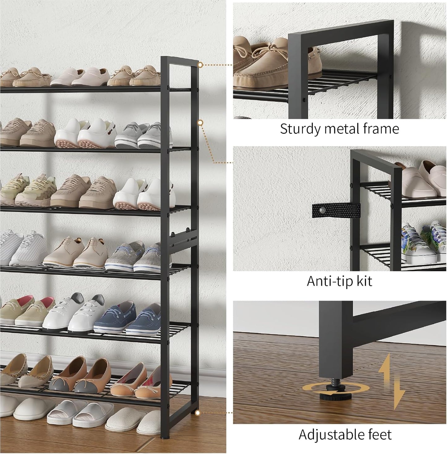 Stackable Shoe Rack, 6 Tier Metal Shoes Rack Storage Organizer,Large Capacity Shoe Shelf Max Holds 30 Pairs of Shoes,Sturdy and Stable, for Closet, Entryway,Garage，Black