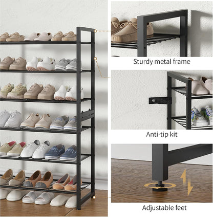 Stackable Shoe Rack, 6 Tier Metal Shoes Rack Storage Organizer,Large Capacity Shoe Shelf Max Holds 30 Pairs of Shoes,Sturdy and Stable, for Closet, Entryway,Garage，Black