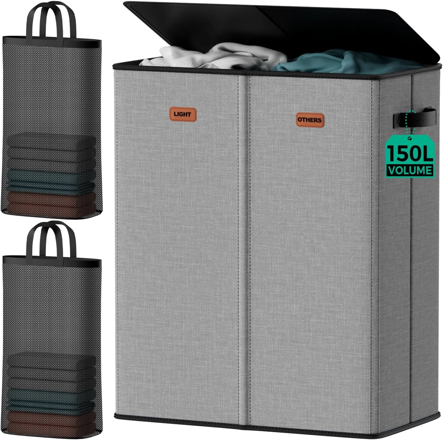 150L 2-Section Laundry Hamper with Lid – Removable Bag, Double Compartment Clothes Hamper for Bathroom, Bedroom, Dorm & Laundry Room