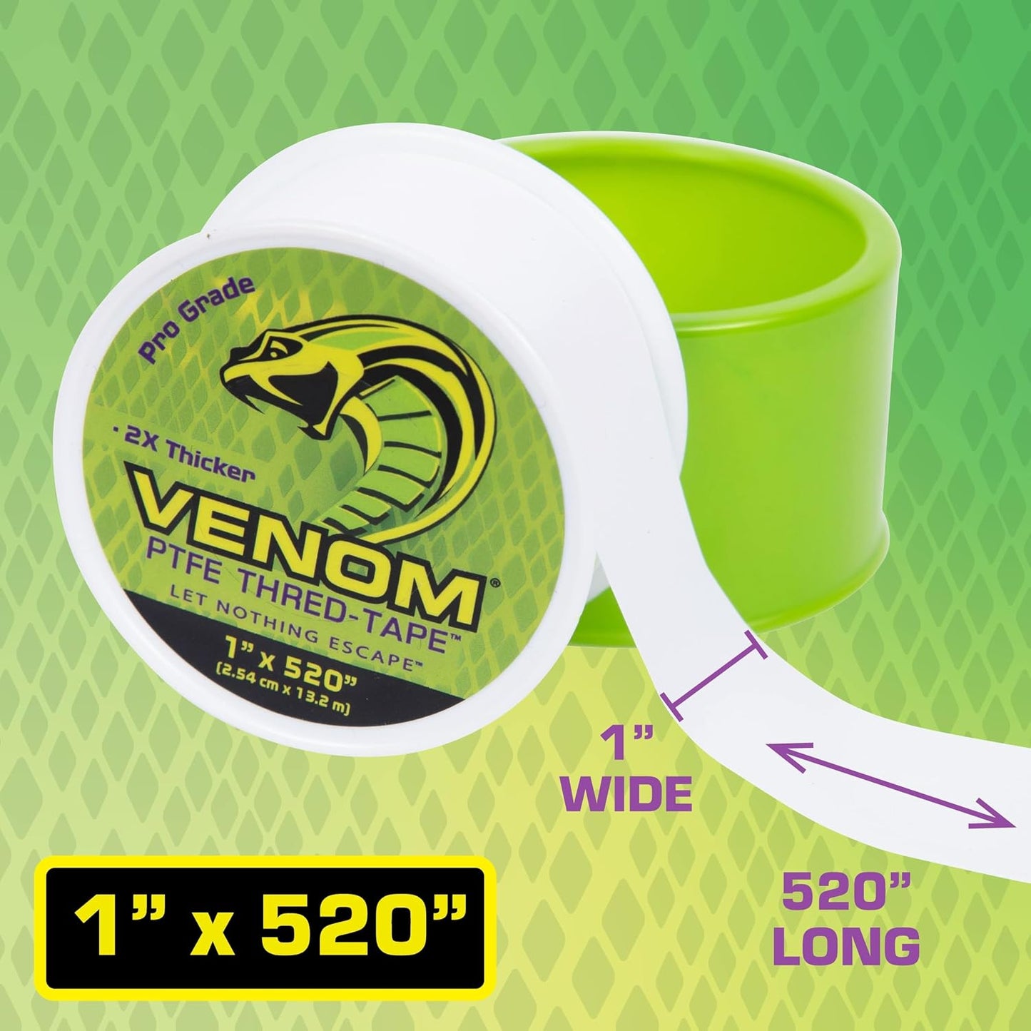 Venom Pro-Grade PTFE Thread Tape, 1/2" x 520" Roll – Professional-Grade, 99.9% Pure, 2X Thicker, No Dyes, UL-Approved for Plumbing, Potable Water, Food Grade, and Oxygen Systems