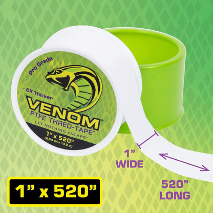 Venom Pro-Grade PTFE Thread Tape, 1/2" x 520" Roll – Professional-Grade, 99.9% Pure, 2X Thicker, No Dyes, UL-Approved for Plumbing, Potable Water, Food Grade, and Oxygen Systems
