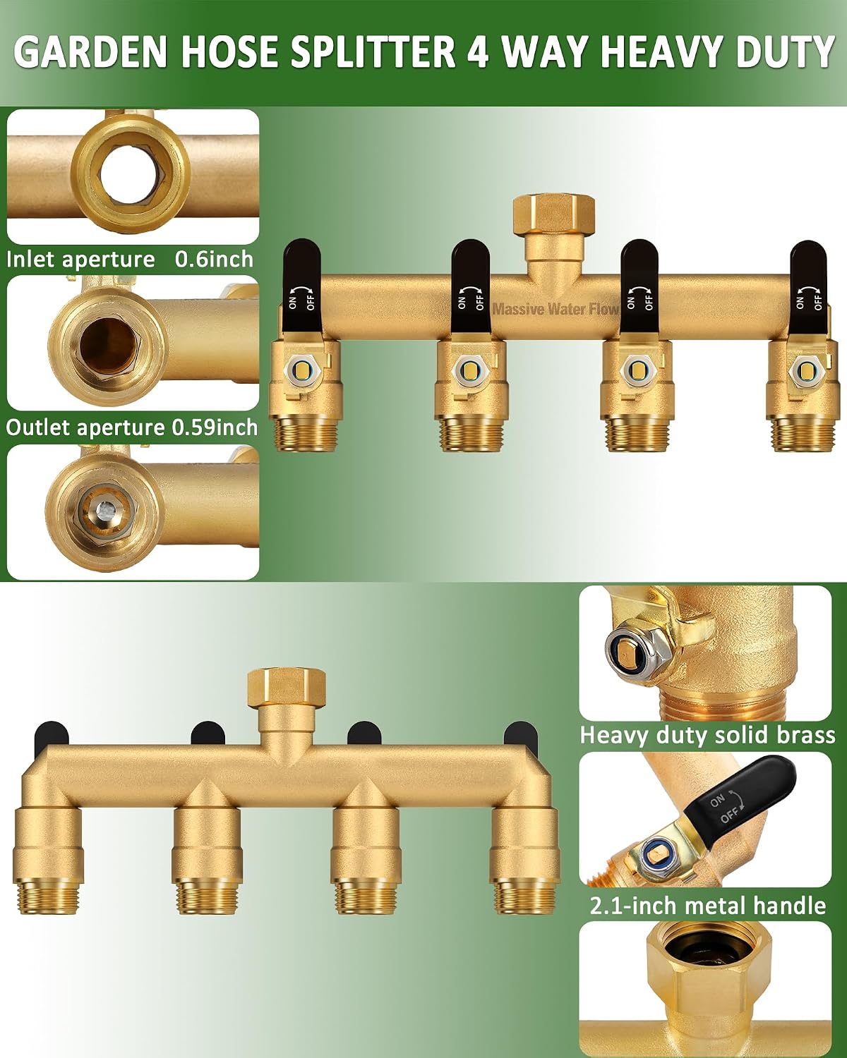 4 Way Hose Splitter, Heavy Duty Full Flow Garden Water Hose Bib Spigot Splitter, Brass Rust and Freeze Resistant Outdoor Faucet Splitter, T Adapter Connector with 3/4 - Inch GHT Thread （Black）