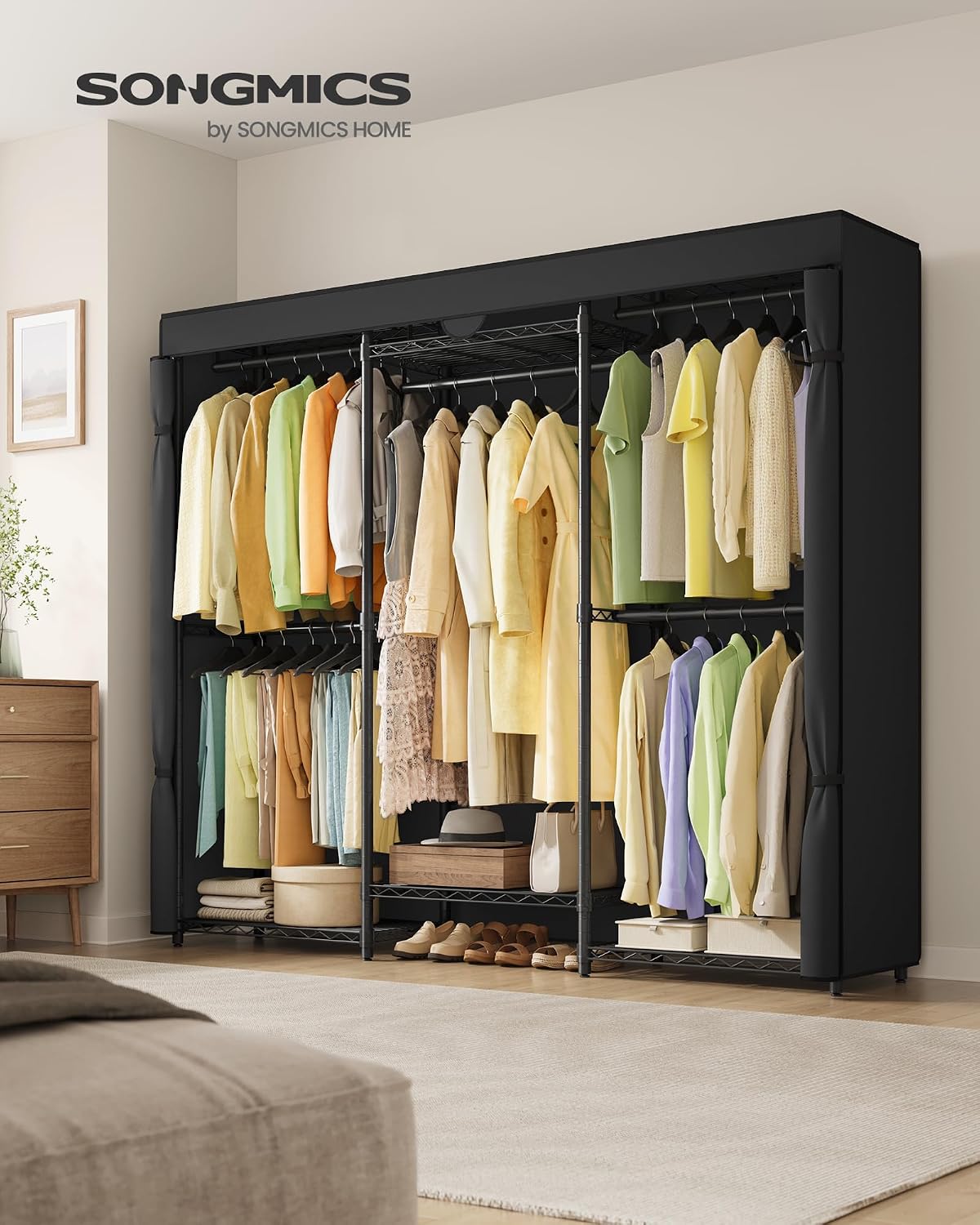 SONGMICS Heavy-Duty Clothes Rack, Garment Rack, Portable Closet, 68.7-Inch Wide Clothing Rack with Adjustable Mesh Shelves and Hanging Rails, Ink Black ULGR433B01
