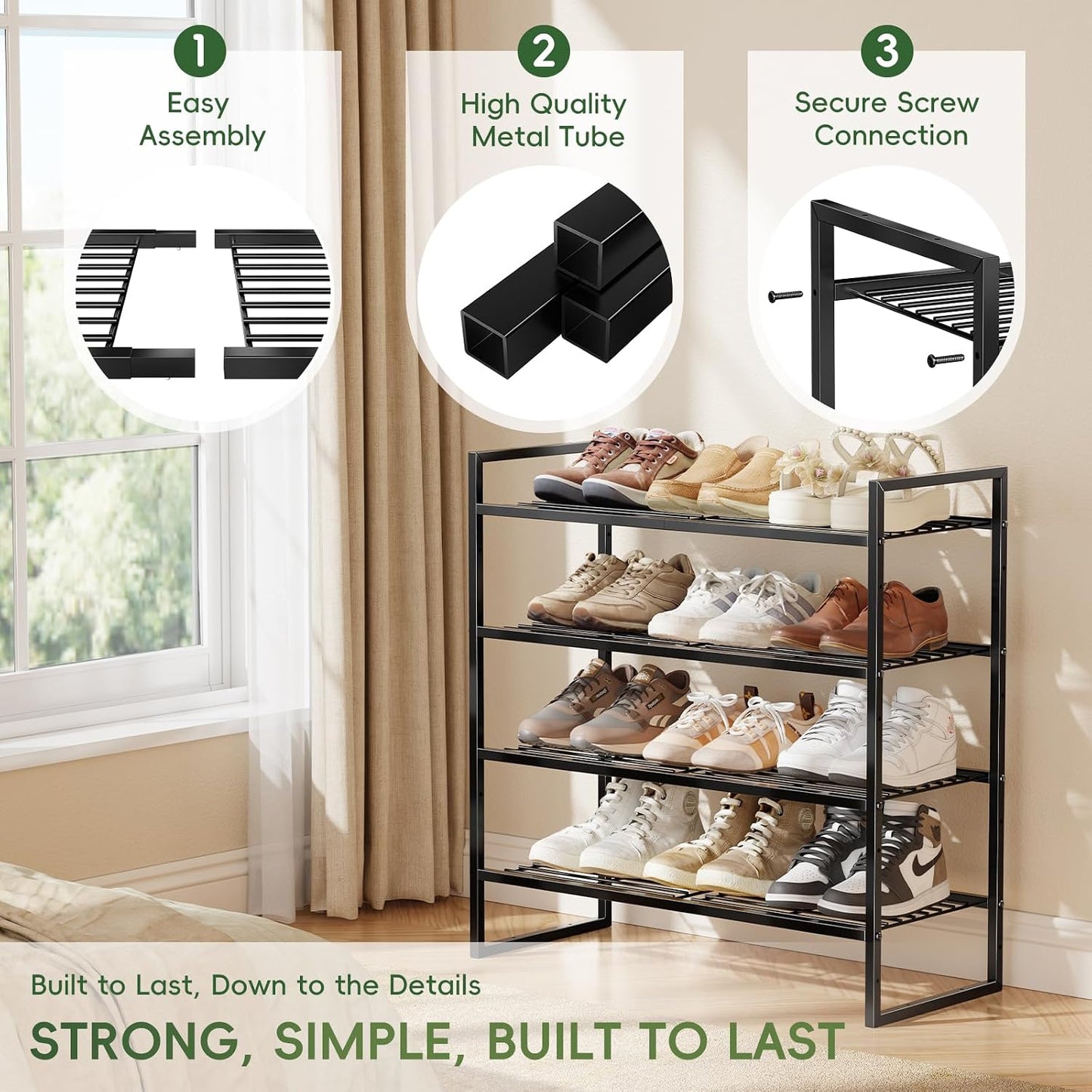 5-Tier Wide Shoe Rack, Metal Shoe Organizer for Closet, Stackable Freestanding Shoe Storage Shelf with Sturdy Wire Grid, Large Capacity Durable Shoe Rack for Entryway Bedroom, Black