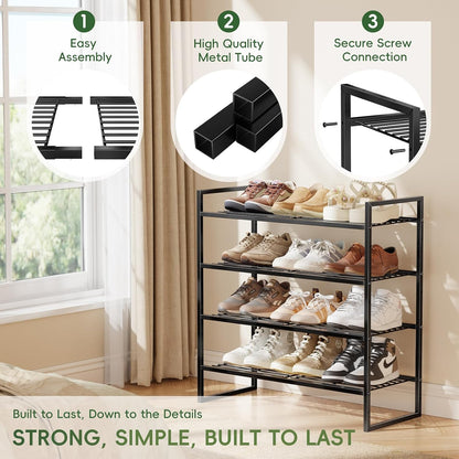 5-Tier Wide Shoe Rack, Metal Shoe Organizer for Closet, Stackable Freestanding Shoe Storage Shelf with Sturdy Wire Grid, Large Capacity Durable Shoe Rack for Entryway Bedroom, Black