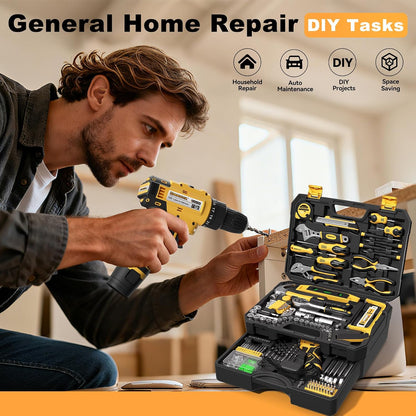 Tool Kit Box Drill Set with 12V Power Cordless Drill 299-Piece Tool Kit for Home Tool Set Storage Case with Drawer General Household Drill Set for Home Mechanics Repairs Men & Women, DIY
