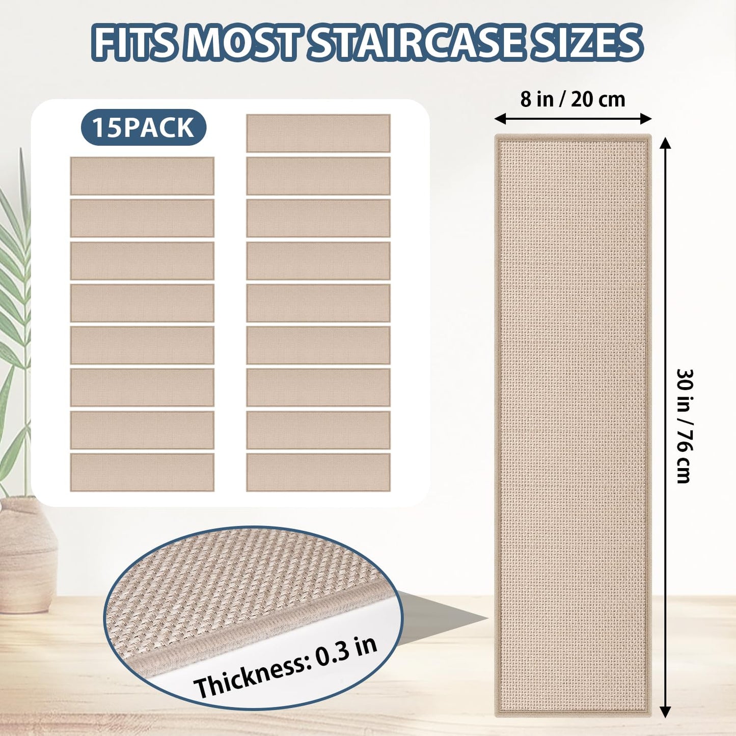 Peel and Stick Carpet Stair Treads for Wooden Steps Set of 15, Non Slip Adhesive Jute Stair Mats Indoor, Rubber Backing Safety Step Pads Mats, Grey, 8"x30"