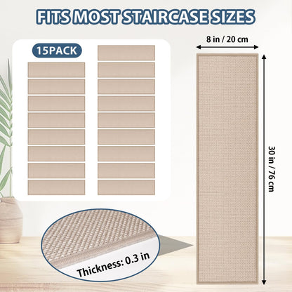 Peel and Stick Carpet Stair Treads for Wooden Steps Set of 15, Non Slip Adhesive Jute Stair Mats Indoor, Rubber Backing Safety Step Pads Mats, Grey, 8"x30"