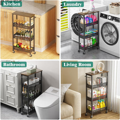 Giwil Slim Storage Cart 5 Tier Narrow Kitchen Rolling Cart on Wheels for Small Space, Metal Utility Cart Narrow Bathroom Storage Cabinet Mobile Shelf Unit Organizer with Wood Top and Handle, Black