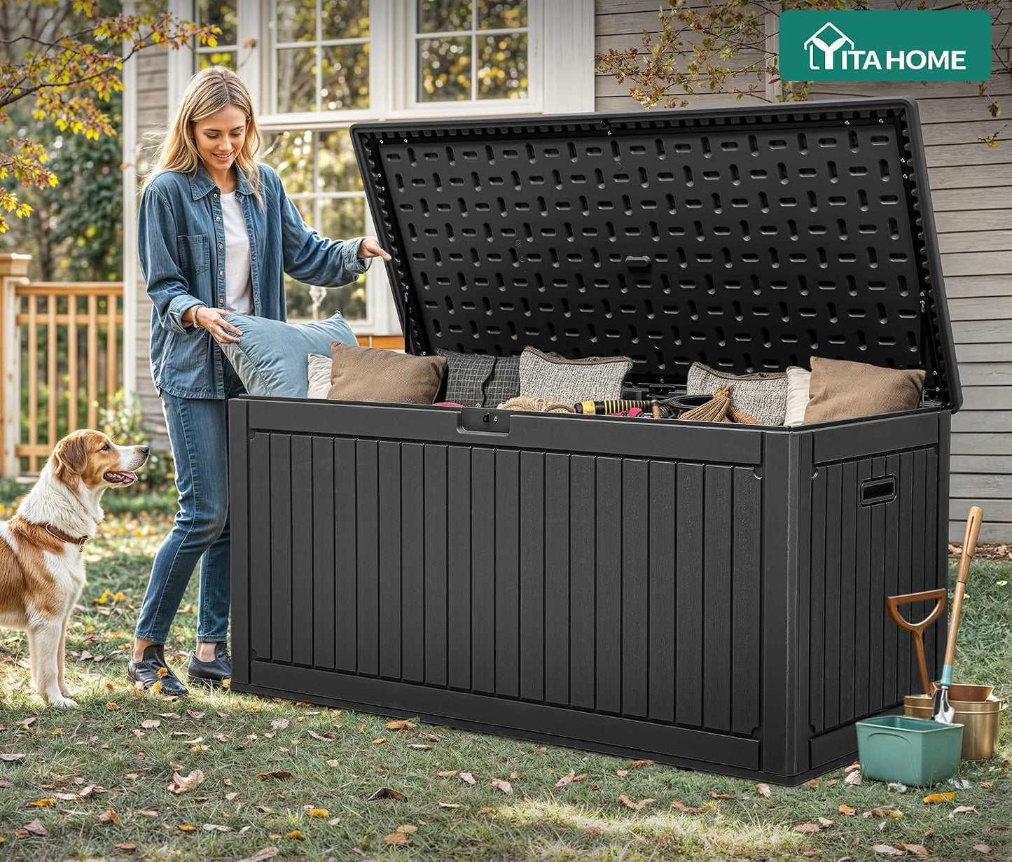 YITAHOME 100 Gallon Large Outdoor Deck Box | Waterproof Resin Storage Box, Lockable Indoor Outdoor Storage Container for Patio Furniture Cushions, Pool Accessories