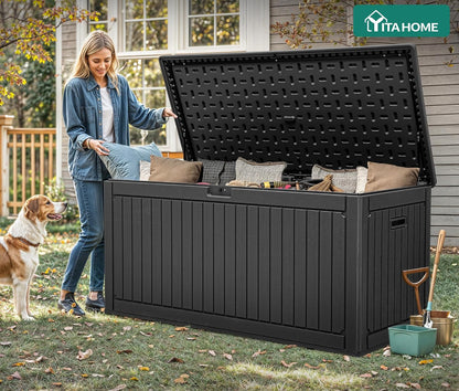 YITAHOME 100 Gallon Large Outdoor Deck Box | Waterproof Resin Storage Box, Lockable Indoor Outdoor Storage Container for Patio Furniture Cushions, Pool Accessories