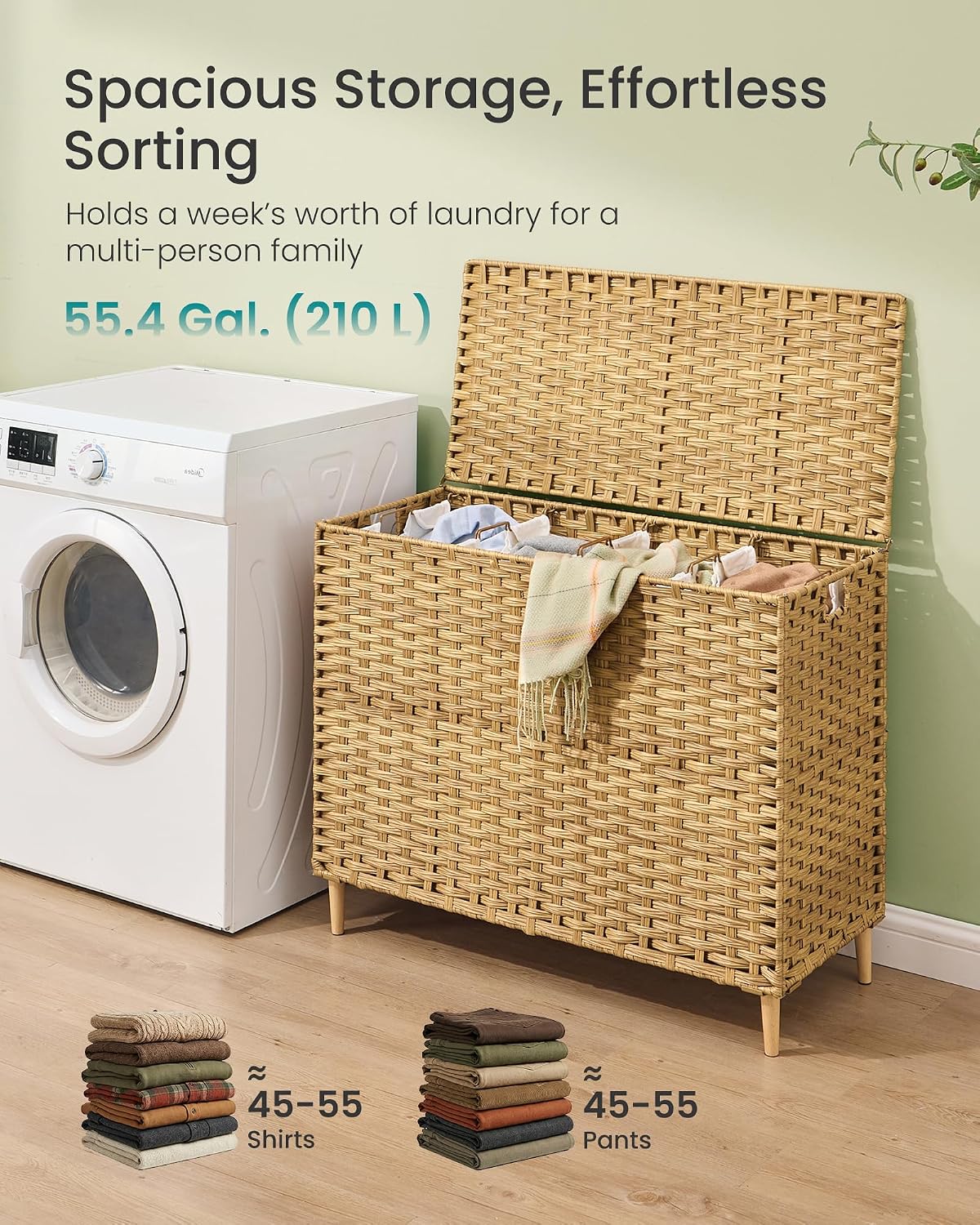 SONGMICS 3-Section Laundry Hamper with Lid, 42.2 Gal (160L) PE Rattan Laundry Basket with Removable Washable Liners, for Bedroom & Living Room, Chestnut Brown ULCB223ME01