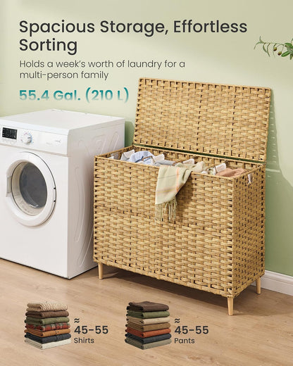 SONGMICS 3-Section Laundry Hamper with Lid, 42.2 Gal (160L) PE Rattan Laundry Basket with Removable Washable Liners, for Bedroom & Living Room, Chestnut Brown ULCB223ME01