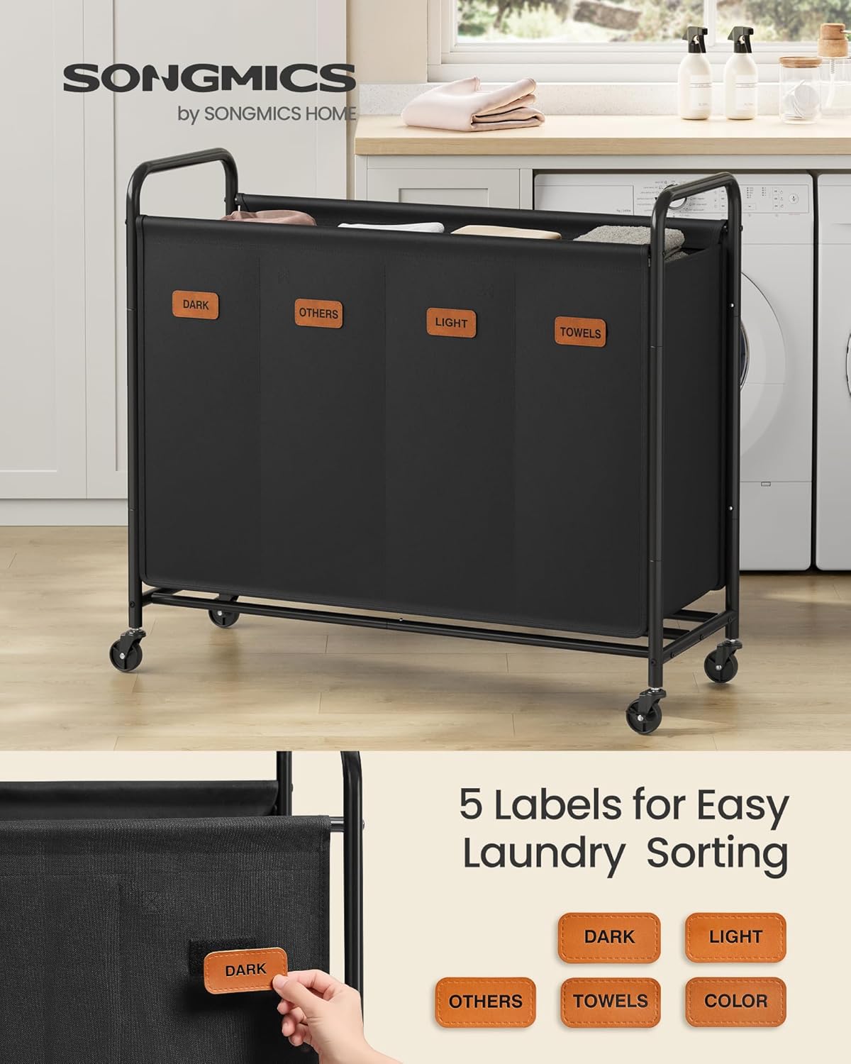 SONGMICS 3-Section Laundry Sorter, Laundry Hamper with Wheels, Rolling Clothes Hamper Cart with Large Capacity and Removable Bags, for Laundry Room, Bedroom, Bathroom, Ink Black URLS330B01