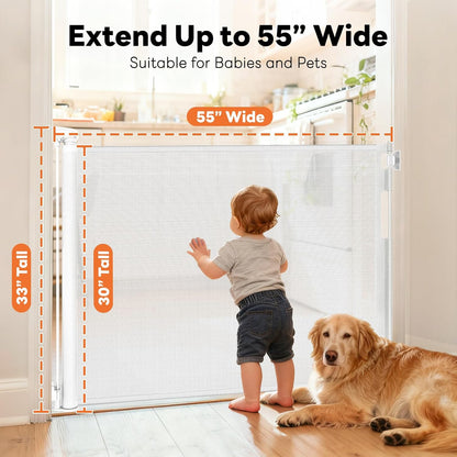 Retractable Baby Gate for Stairs and Doorways, 55" Wide x 33" Tall Mesh Dog Gate for Indoor & Outdoor Use, Safety Gate for Babies and Pets, Child Gates for Hallways, Hardware Mounted, Black