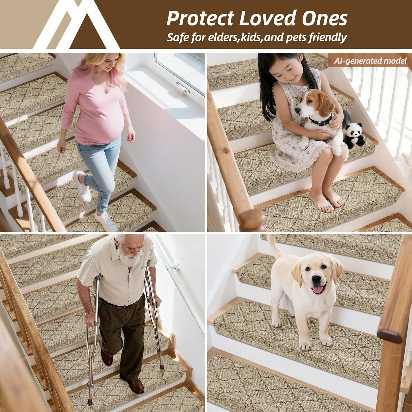 Self Adhesive Bullnose Carpet Stair Treads Non Slip,Grey,11"x30",3 Pack | Pet Friendly, Peel and Stick Stair Treads for Wooden Steps, Washable Stair Runner for Kids Elders, Edge Protection