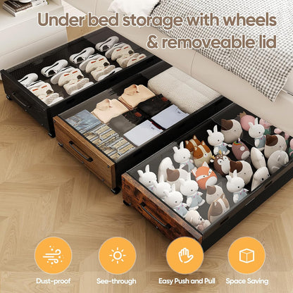 KITHELP Under Bed Storage Containers with Wheels, 2 Pack Underbed Shoe Storage Organizer with Removable Lids, Large Rolling Under Bed Storage Dresser Drawers for Clothes Toys Shoes Blankets