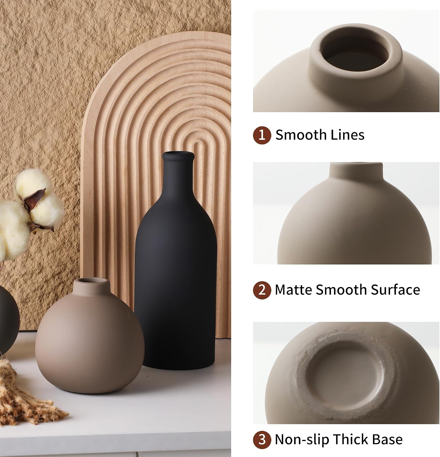 Ceramic Vase Set of 3, Decorative Vases Home Decor Modern Neutral Flower Pampass Boho Vase for Living Room, Table, Mantel, Entryway, Bookshelf, Kitchen, Bedroom, Bathroom - White