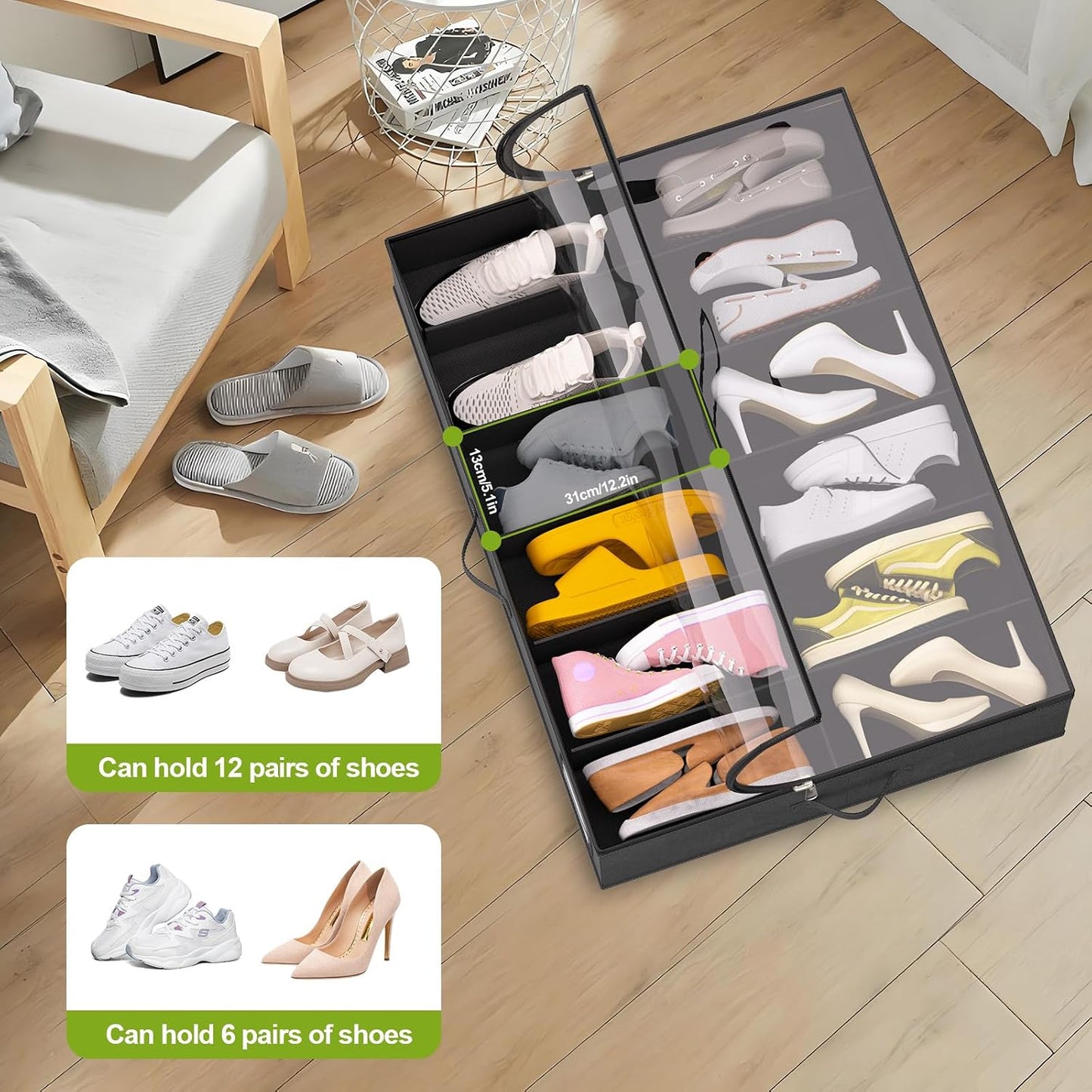 homyfort Under Bed Shoe Storage with Wheels, Fits 24 Pairs, Rolling Shoe Organizer with Bottom Support & Clear Lids, Sturdy Under Bed Storage Box for Shoes, Set of 2, Grey
