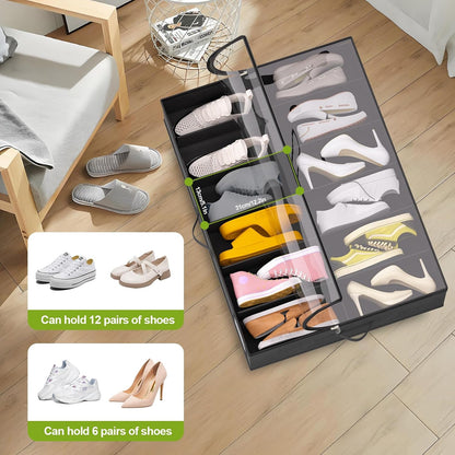 homyfort Under Bed Shoe Storage with Wheels, Fits 24 Pairs, Rolling Shoe Organizer with Bottom Support & Clear Lids, Sturdy Under Bed Storage Box for Shoes, Set of 2, Grey