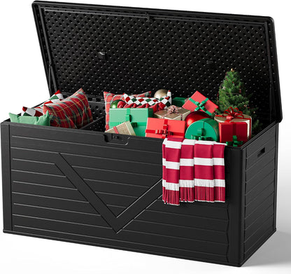Outdoor Storage Box, 98 Gallon Deck Box, Outdoor Storage Bench, Waterproof Resin Storage Bench with Lockable Lid, Patio Furniture Cushions & Garden Tools Storage, UV Resistant (Black)